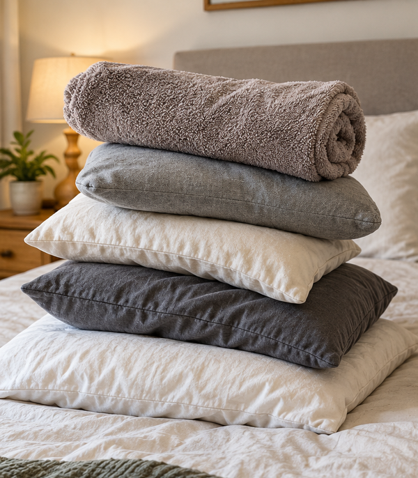 Vorher: mehrere Kissen und ein Handtuch im Bett